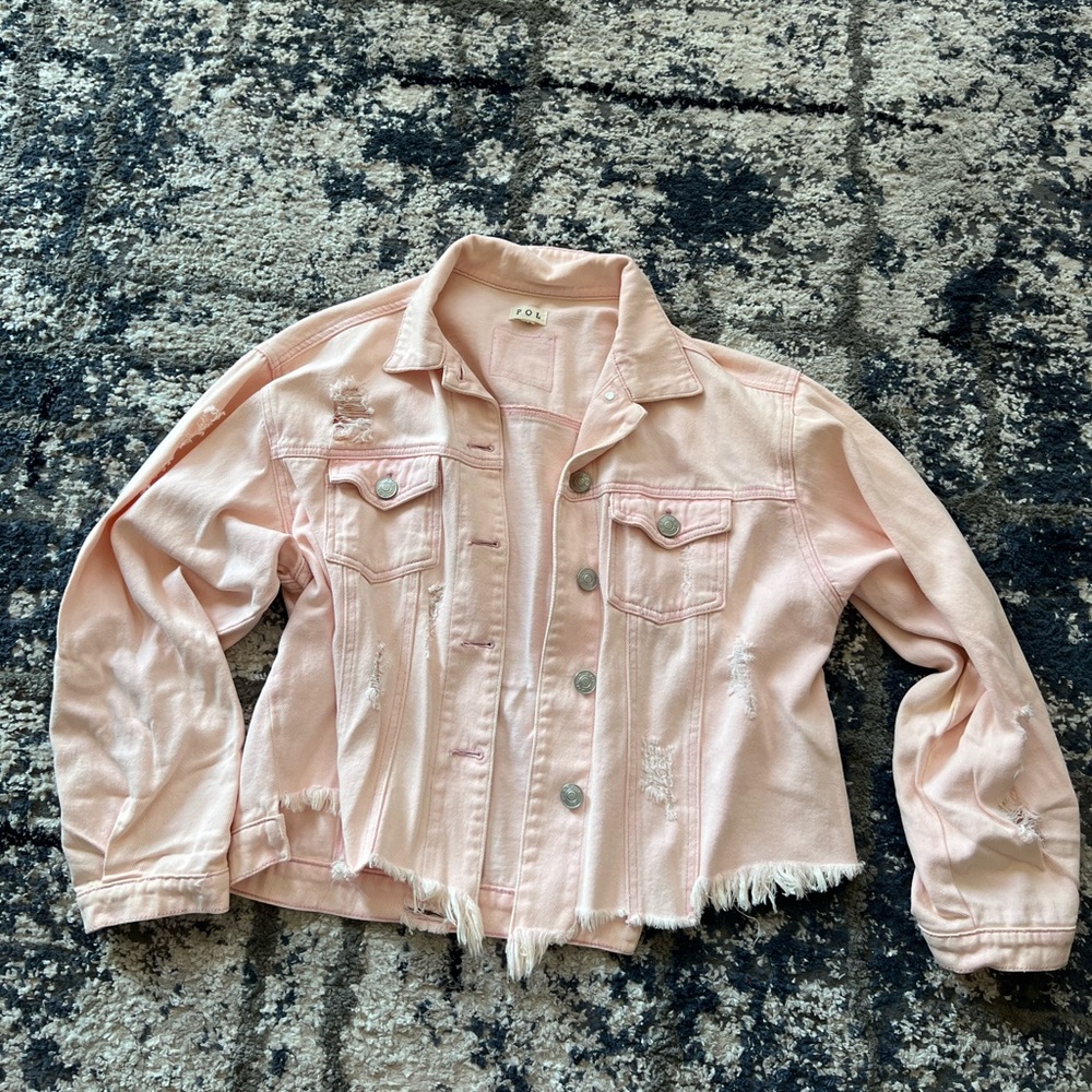 Light Pink Distressed Crop Jean Jacket